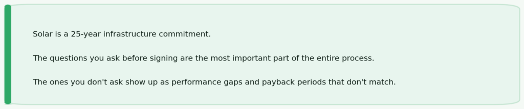 Pull quote card — Capex vs Opex solar is not a question about which model is universally better but about your balance sheet, tax position, and facility tenure